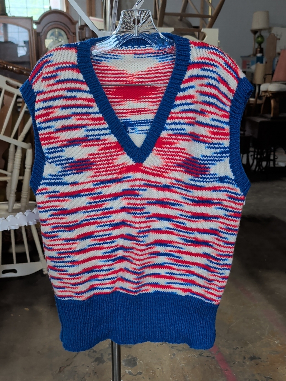 70s Handmade V-Neck Knit Sweater Vest in Red, White & Blue
